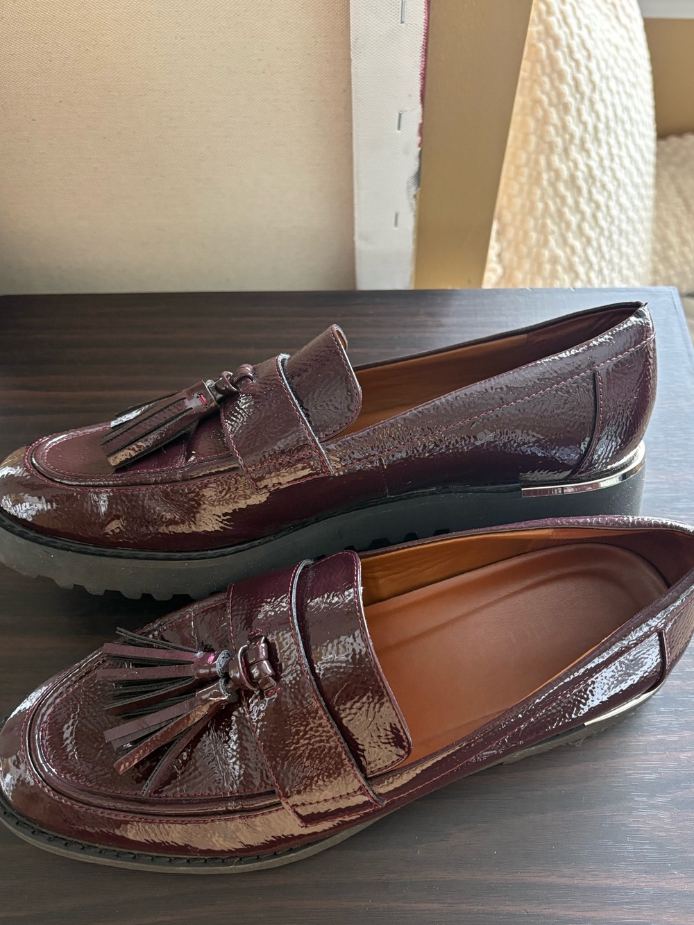 Franco Sarto Carolynn Burgundy Patent Tassel Platform Loafers